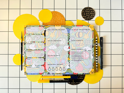 The Stoofy Store A4 desk planner stationary. Dopamine design. Illustrated pattern including: suns, leopards, records, hearts, ice cream, crown, peace hand sign, lips, rocket, moon, strawberry, rose, cloud, four leaf clover, stop sign, go sign, eye, bumble bee, lightning, camera, chocolate. Organisation. Planner. Self care. Home office. 